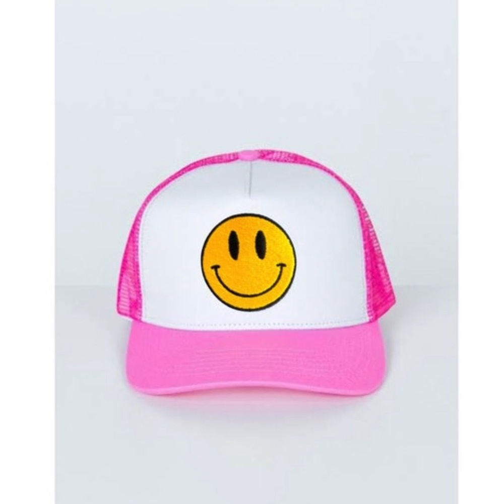 PREPPY PINK SMILEY FACE TRUCKER HAT BLUE TEEN GIRLS COLLEGE FOAM ONE SIZE